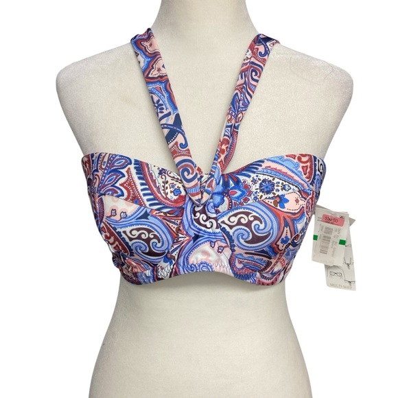 BECCA Other - Becca Paisley Print Halter Bikini Top Swim Top Size L Blue Pink Three Way Styles